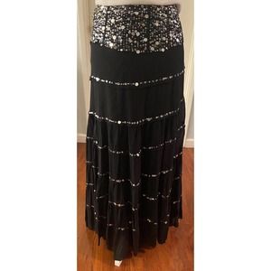 Resort Wear Maxi Sequined Gypsy Peasant Summer Boho Skirt Black. VGC Size M